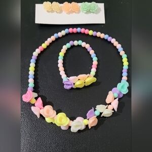 Kandi Kids Floral Plastic Beaded Bracelet& Necklace Set&Rose Stud Earrin…